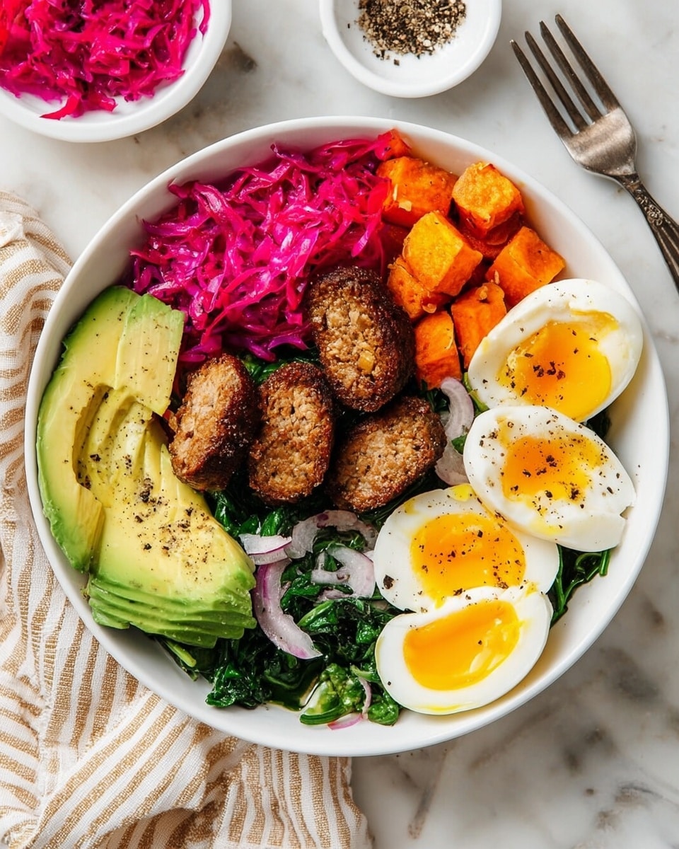 A white bowl on a white marbled surface holds a colorful dish arranged in sections. There are three dark brown, cylindrical meat pieces in the left center. Bright pink shredded cabbage is placed next to the meat on the upper left side. Two slices of light green avocado with black pepper sit at the bottom left and top right parts of the bowl. Bright orange roasted cubes fill the upper right section. Four halves of boiled eggs with bright yellow yolks and firm white edges are spread around the bowl. Sauteed leafy green spinach with small bits of onion lies near the center. Black pepper is sprinkled over the egg yolks and avocado slices. A small white bowl with black pepper and another white bowl with pink cabbage are visible in the background next to a fork and a beige striped cloth. Photo taken with an iphone --ar 4:5 --v 7