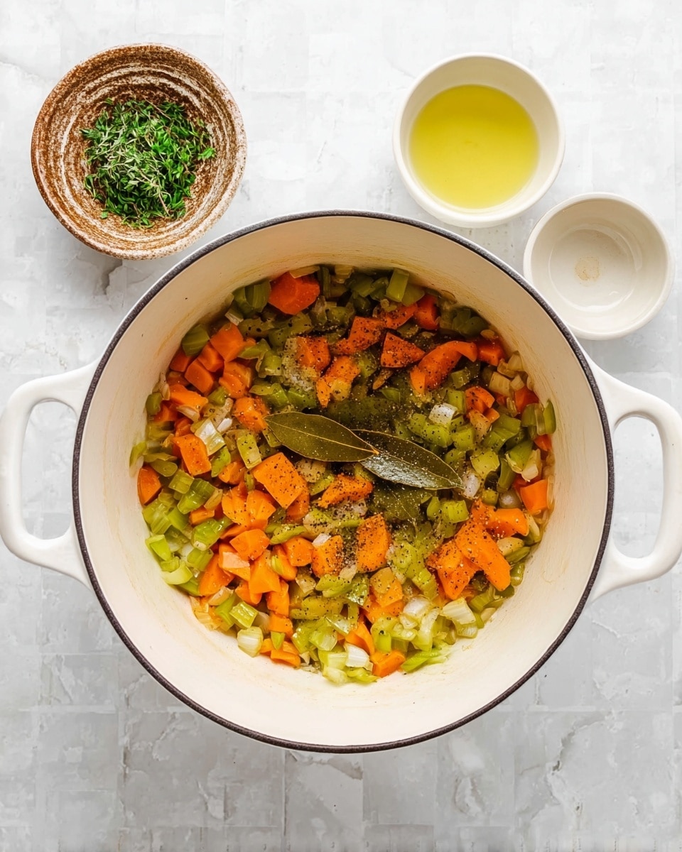 A white cooking pot is shown from above on a white marbled surface. Inside the pot, there is a mix of cooked vegetables including diced orange carrots, chopped green celery, and onions with a bay leaf laying on top. The vegetables look soft and are seasoned with black pepper. To the left of the pot, there is a small brown and white bowl with fresh green herbs. To the right, two small white bowls sit on the surface, one containing a clear yellow liquid and the other empty. Photo taken with an iphone --ar 4:5 --v 7