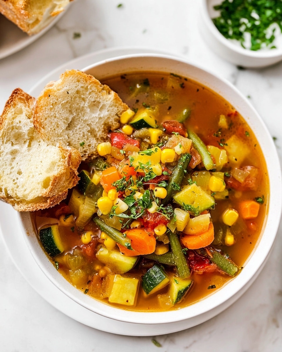 A bowl filled with three main layers: the bottom layer is a clear, slightly brownish broth; the middle layer shows bright vegetables including yellow corn, orange carrot cubes, green beans, green zucchini pieces, and small red tomato chunks spread evenly; the top layer is garnished with fresh green herbs and two pieces of light brown crusty bread resting on the edge of the bowl. The bowl itself is white and set on a white marbled surface, with another small white bowl containing chopped green herbs visible in the background. photo taken with an iphone --ar 4:5 --v 7