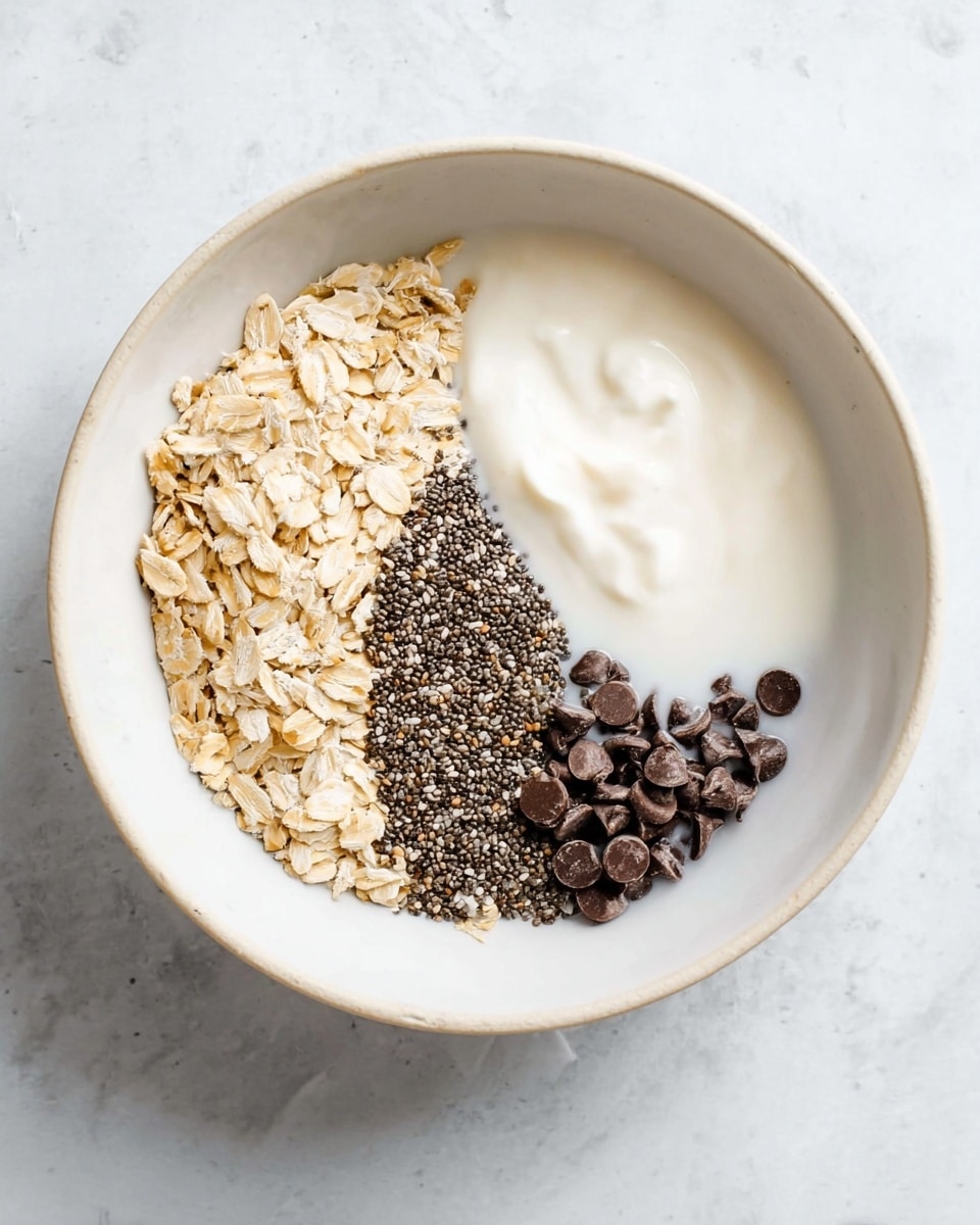 A white bowl on a white marbled surface holds several distinct layers arranged side by side. On the left, there is a thick layer of light beige rolled oats with a rough texture. Next to that, on the upper left, is a dollop of smooth, white yogurt with a creamy texture. To the right of the oats, there is a dense layer of tiny black chia seeds scattered unevenly, partially soaked in milk. Among the chia seeds, dark brown chocolate chips are spread in the middle, standing out with their round shapes. The bottom right area has a thin layer of white milk pooling beneath the other ingredients, blending with the oats and seeds. Photo taken with an iphone --ar 4:5 --v 7