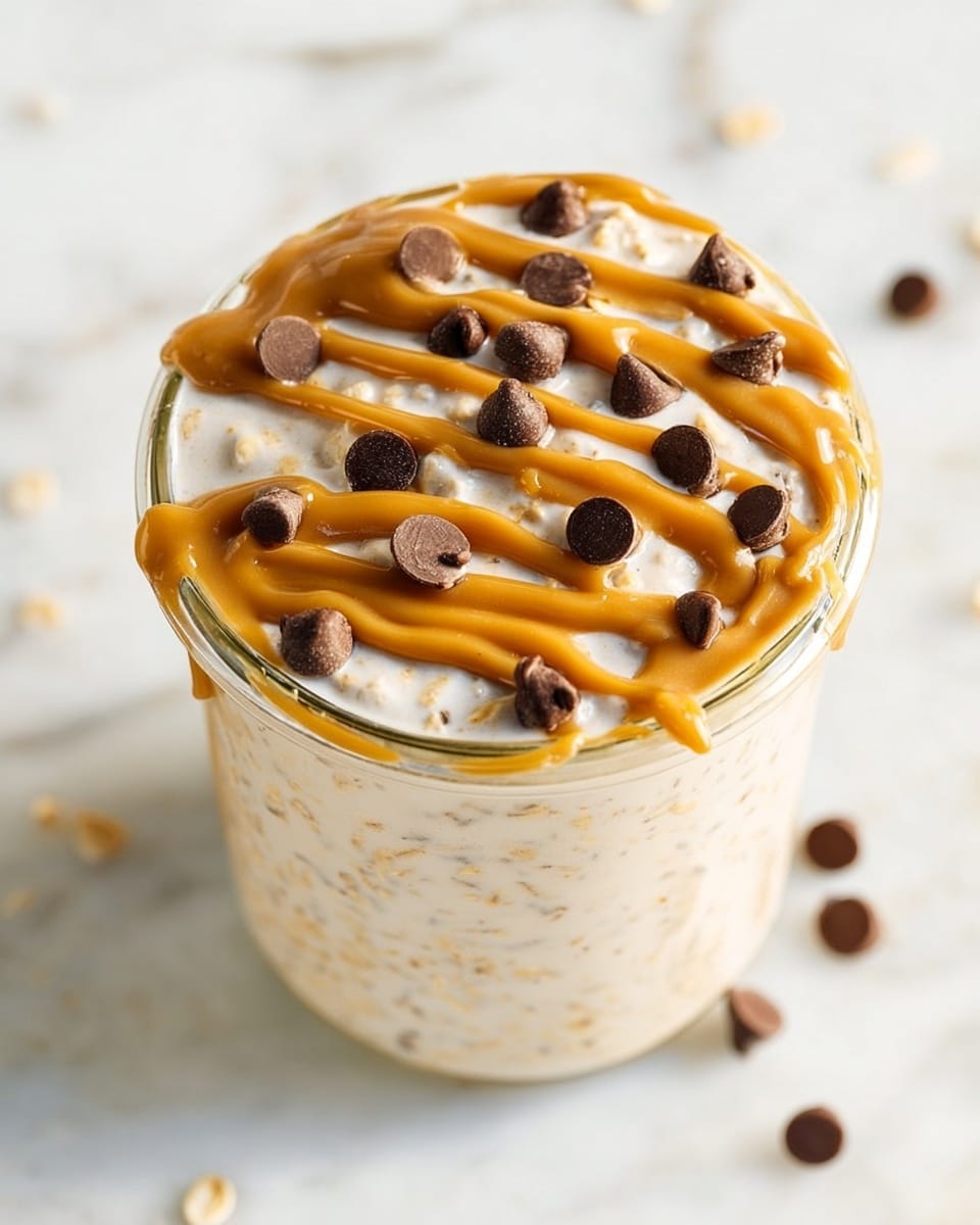 A glass jar filled with creamy oatmeal, light beige in color with small specks of oats throughout. On top, two thick drizzles of shiny golden peanut butter run diagonally across the surface. Scattered evenly over the peanut butter and oatmeal are many small, round, dark brown chocolate chips. The jar is placed on a white marbled surface with soft, natural lighting. Photo taken with an iphone --ar 4:5 --v 7