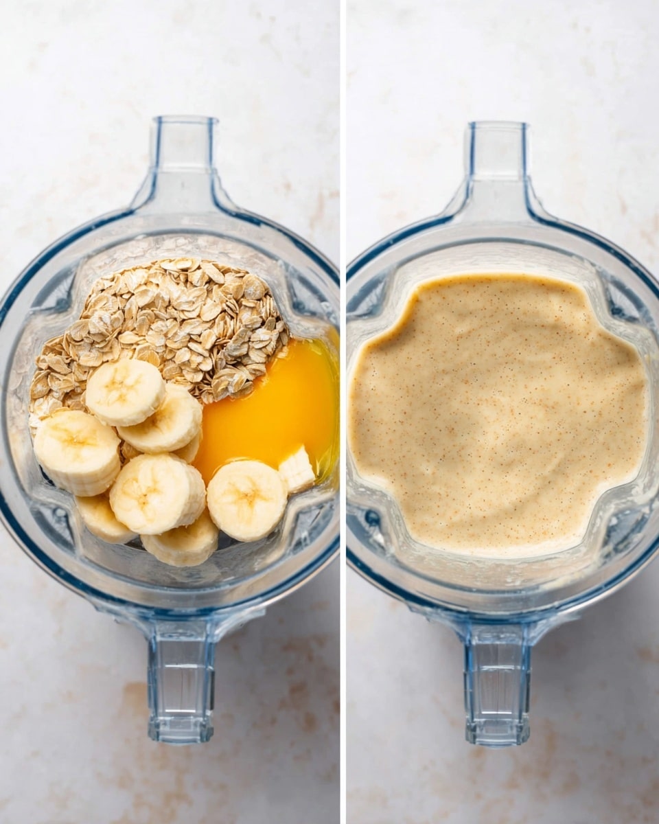 The image shows two clear blender containers side by side on a white marbled surface. The left blender container has sliced banana pieces with a light yellow color, light brown rolled oats, and a small pool of bright orange liquid, all sitting at the bottom. The right blender container holds a creamy light beige blended mixture with a smooth texture that fills the bottom area evenly. The blenders have clear handles and transparent lids, and the overall look is clean and fresh. photo taken with an iphone --ar 4:5 --v 7
