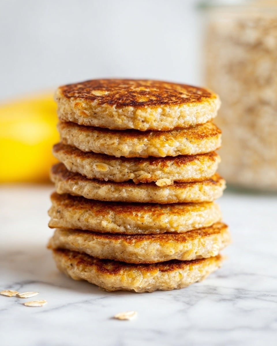 A stack of five thick, golden-brown pancakes sits directly on a white marbled surface. Each pancake has a slightly rough texture with small visible oats, and the edges are a bit uneven, showing their homemade nature. The top pancake is more golden with slight browning, while the sides appear soft and fluffy. In the blurred background, there is a glass container filled with oats and a blurred slice of banana visible on the white marbled surface. The overall look is warm and inviting. photo taken with an iphone --ar 4:5 --v 7