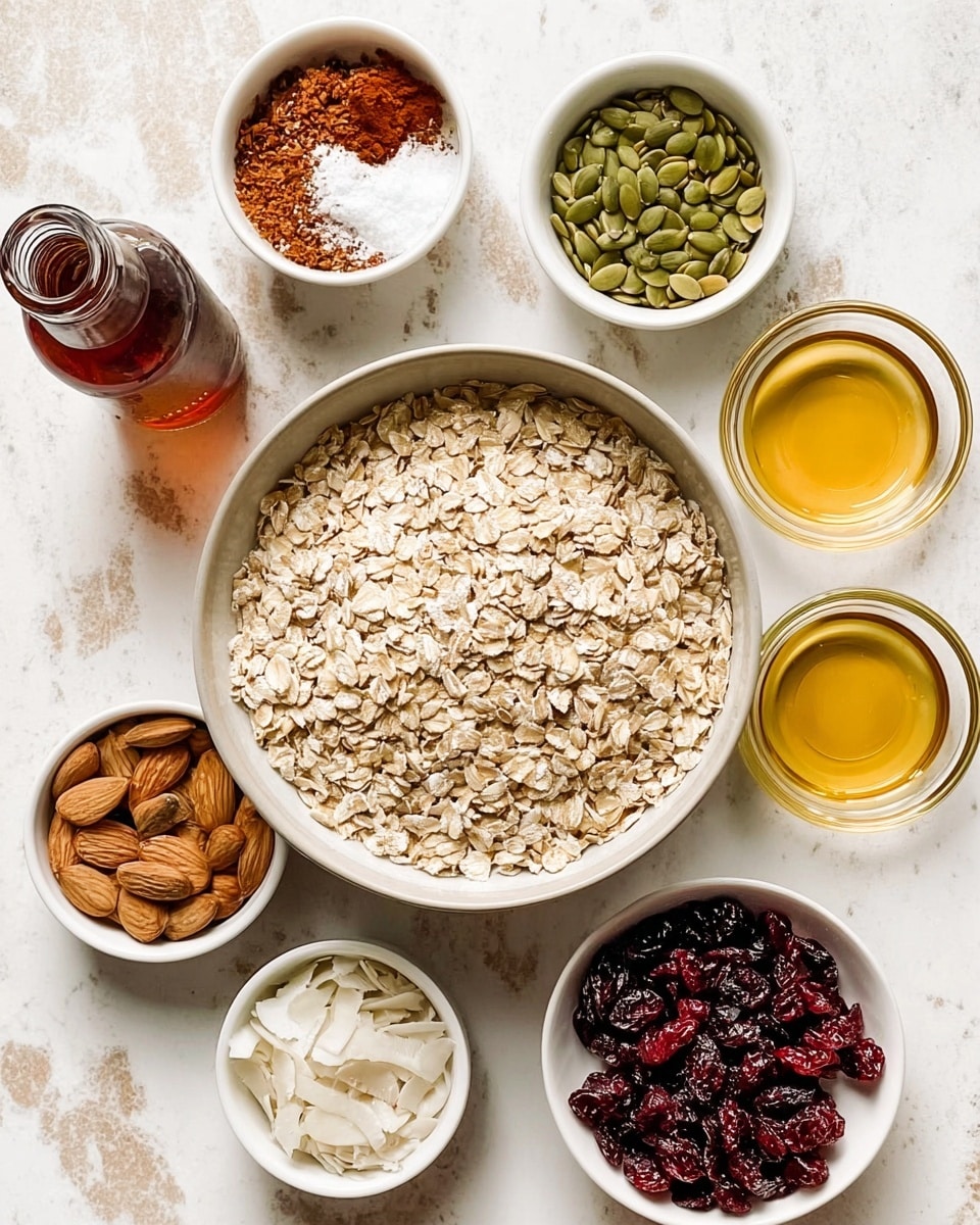 A large bowl filled with light beige rolled oats sits in the center on a white marbled surface. Surrounding it are six small white bowls and containers: at the top left, a bowl with reddish-brown spice powder mixed with white salt, next to it a bowl filled with green pumpkin seeds; on the top right, two clear bowls contain golden honey and yellow oil. On the bottom left, one bowl holds light tan sliced almonds, and another bowl next to it contains white coconut flakes. On the bottom right, a bowl is filled with dark red dried cranberries. To the left side, a glass bottle with dark amber liquid is partially visible. The arrangement is neat and brightly lit, photo taken with an iphone --ar 4:5 --v 7