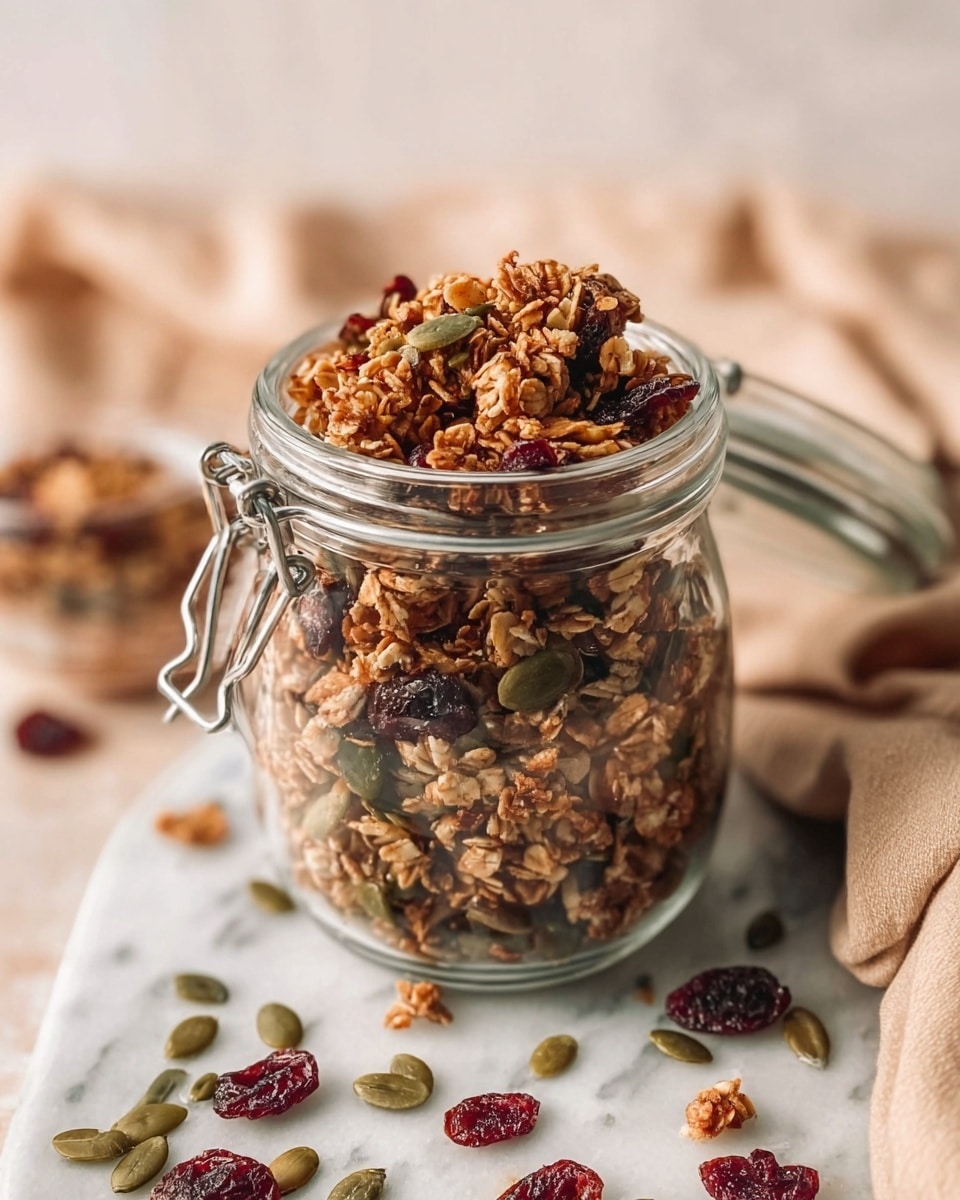 A clear glass jar filled to the top with chunky granola made of brown oats, green pumpkin seeds, and dark red dried cranberries. Some granola pieces and seeds are scattered casually around the white marbled surface below the jar. The jar's metal clasp is visible on the left side, and the slightly open glass lid rests to the right, leaning gently on the jar. Behind the jar, a faint blurred background and a soft beige cloth add warmth to the setting. Photo taken with an iphone --ar 4:5 --v 7