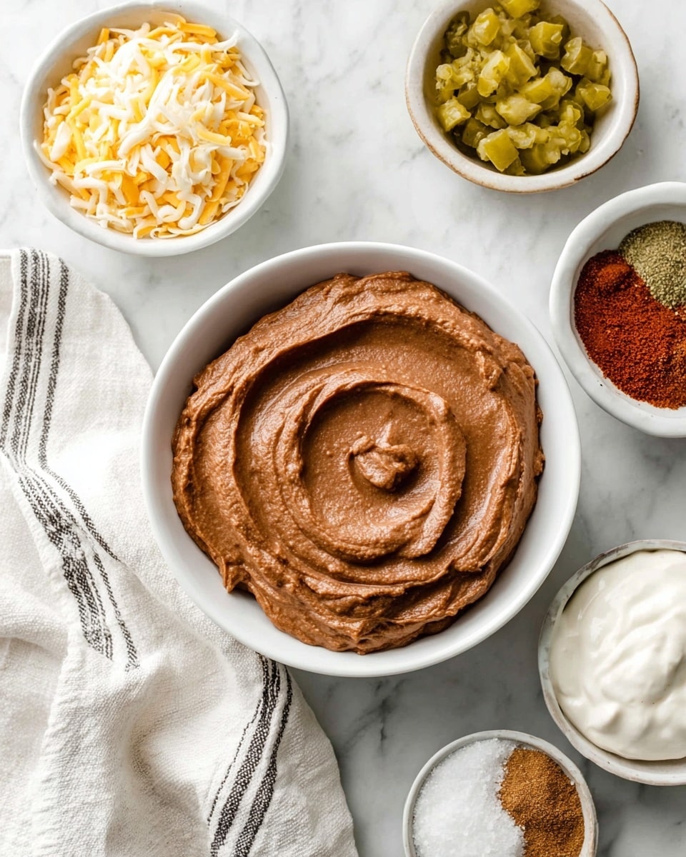 A white bowl filled with a smooth layer of brown refried beans, swirled in a spiral pattern on top, is at the center of the image. Surrounding it are four smaller white bowls: one with finely chopped green pickles, one with a mix of yellow and white shredded cheese, one with white sour cream showing soft peaks, and one with a selection of spices in brown, red, and green tones. The dishes are placed on a white marbled surface, next to a folded white cloth with thin black stripes. The overall look is clean and organized. Photo taken with an iphone --ar 4:5 --v 7