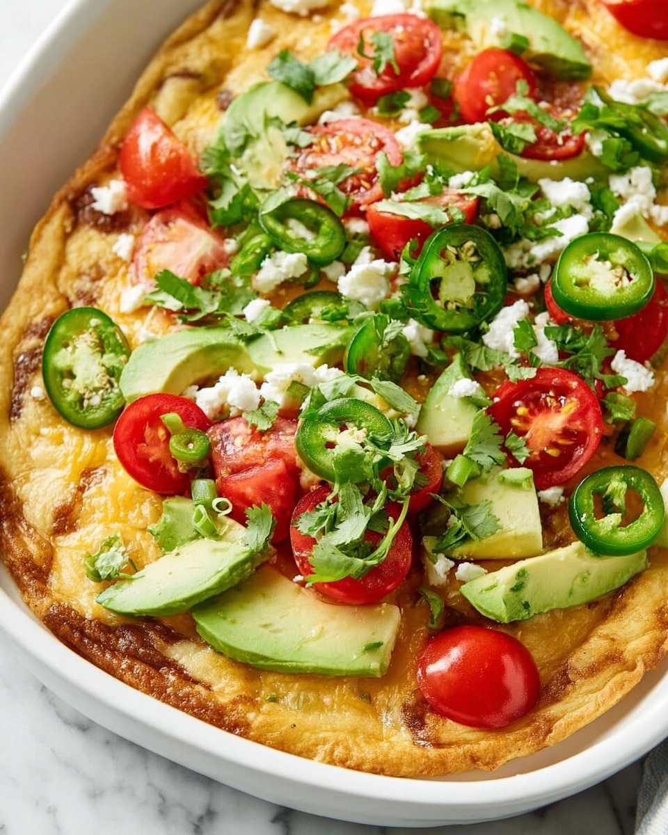 A thin golden-brown base with a slightly crisp edge fills most of the white plate. On top, there is a melted layer of light yellow cheese spread evenly. Over the cheese, there are bright green avocado slices placed in pairs, soft red tomato pieces cut into halves, and thin green jalapeño rings scattered around. Chopped light green scallions and fresh dark green cilantro leaves are sprinkled all over, along with small bits of white cheese crumbled lightly on the top. The background shows a white marbled texture. Photo taken with an iphone --ar 4:5 --v 7