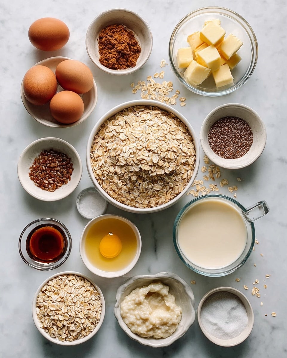 The image shows 12 small bowls and glasses arranged on a white marbled surface, each filled with different ingredients. In the center is a white bowl filled with a large pile of light brown oats. Around it are smaller white bowls: one with cubed pale yellow butter, one with cinnamon powder, one with tiny black chia seeds, and one with light brown flaxseeds. There is a clear glass bowl with two brown eggs, a glass cup filled with pale yellow melted butter, a small white bowl with white powder, and a tiny clear bowl with white salt. Another glass bowl contains light brown mashed banana, another white bowl has dark amber syrup, and a clear measuring cup holds a creamy white liquid, likely milk. The setup is neat and clean with some oats scattered on the surface. Photo taken with an iphone --ar 4:5 --v 7