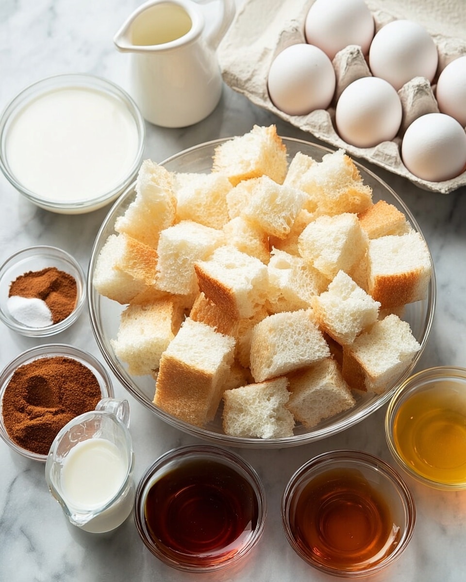 The image shows a clear glass bowl filled with many white bread cubes with light golden crusts. Behind the bowl, there is a half-open white egg carton holding six smooth white eggs. Around the eggs, small white bowls hold light brown and deep brown powders, likely spices. There is also a small white bowl and a measuring cup with a creamy white liquid, probably milk. Two small clear glass bowls contain amber and darker brown liquids. All items are placed on a white marbled surface. photo taken with an iphone --ar 4:5 --v 7