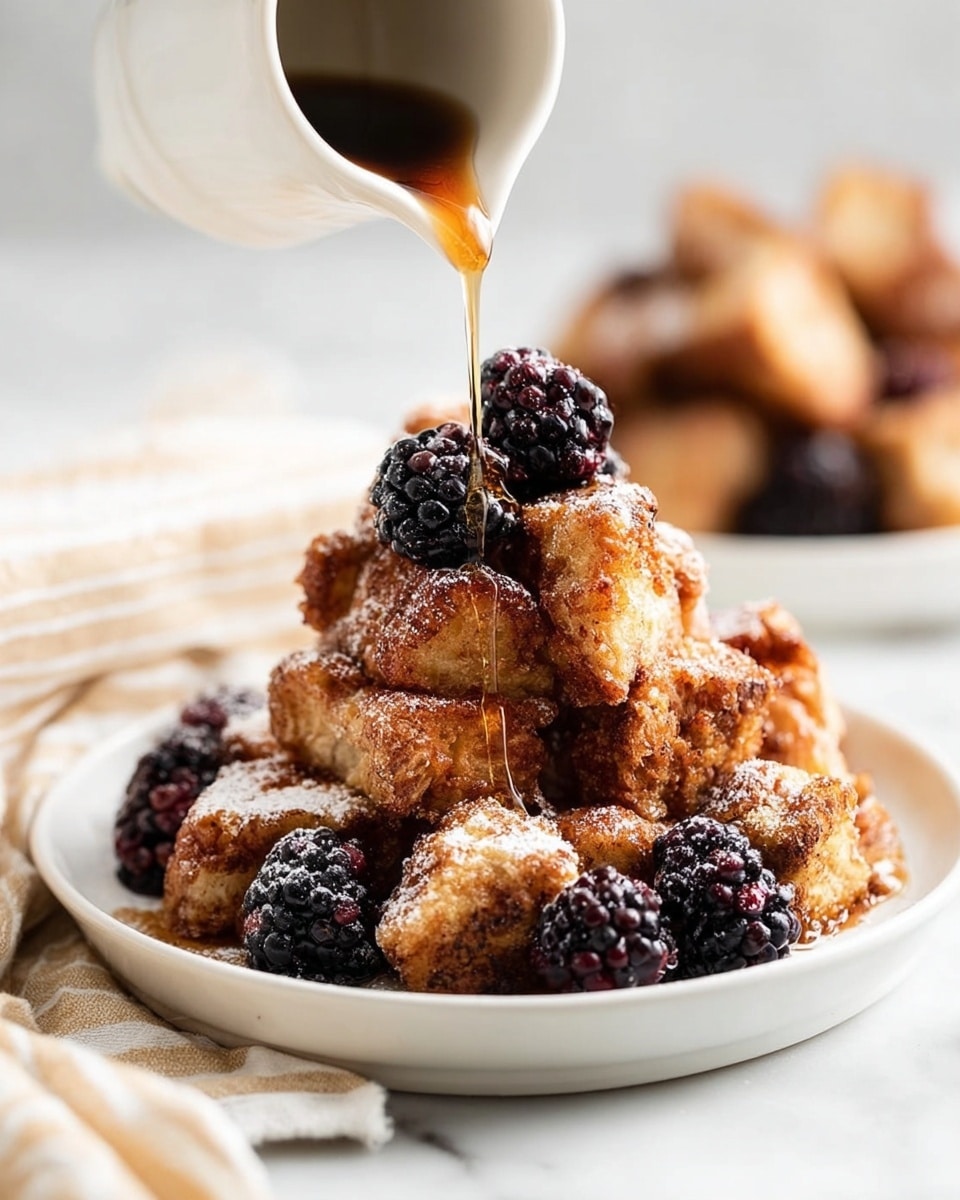 A white plate holds a tall stack of golden brown bread chunks with a crispy texture, dusted lightly with white powdered sugar. On top and around the stack are several plump, shiny blackberries with rich deep purple-black color. A thin stream of amber syrup is being poured from a white pitcher onto the bread and fruit, creating a shiny coating. The plate sits on a white marbled surface with a beige striped cloth partially visible. In the background, another serving of bread pieces is softly blurred. photo taken with an iphone --ar 4:5 --v 7