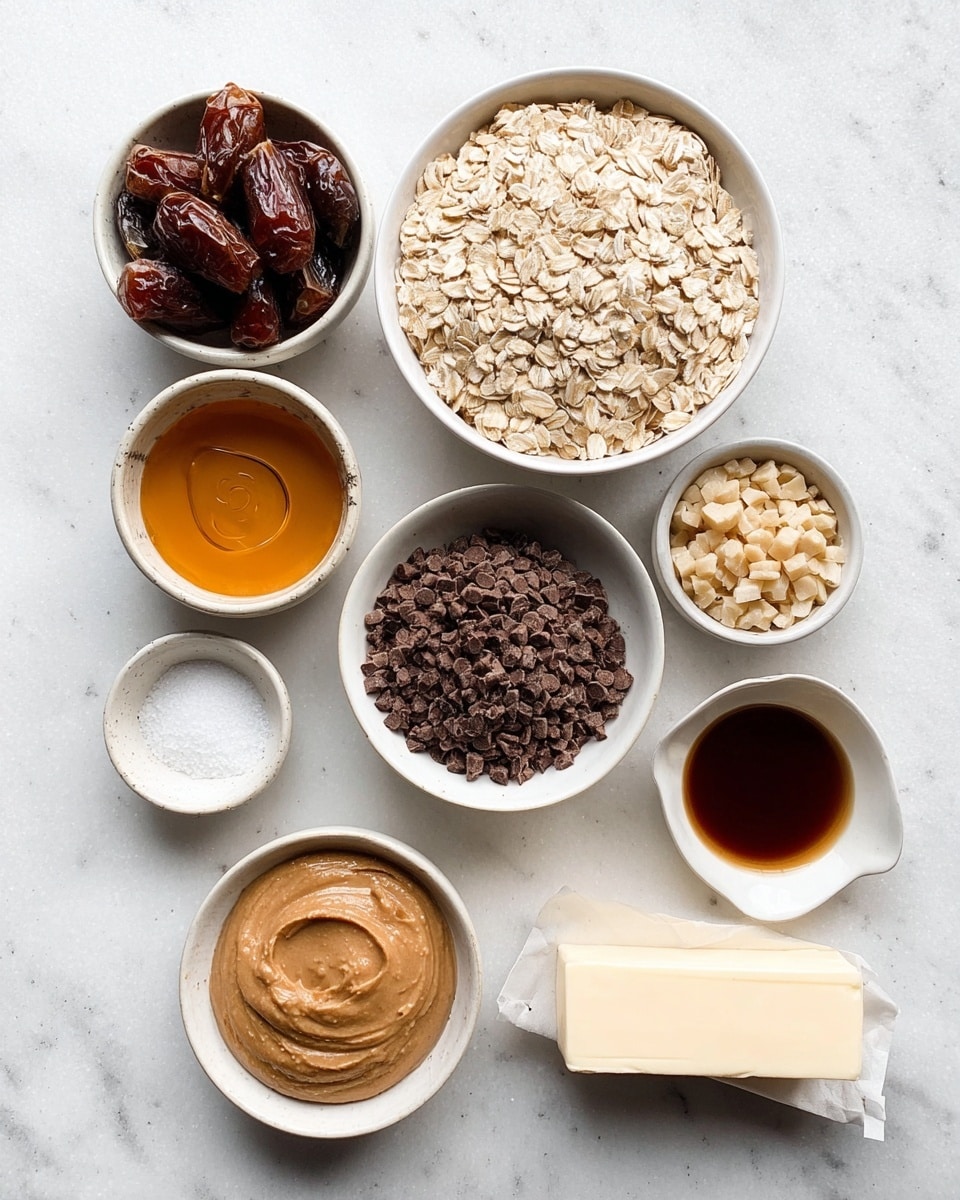 The image shows nine small white bowls and a piece of butter arranged on a white marbled surface. The largest bowl in the center is filled with light beige rolled oats. Above it, a smaller bowl holds pale chopped nuts, and next to it is a bowl with dark brown chopped dates. A bowl beside the dates contains golden honey. Below the oats, a bowl has a smooth light brown peanut butter, a bowl holds dark brown cocoa powder, and another contains small dark chocolate chips. There is a tiny bowl with white salt and a small white saucer with dark vanilla extract. At the bottom right, a stick of butter partly wrapped in paper rests on the surface. The colors are mostly natural browns and beige with the white bowls and background. photo taken with an iphone --ar 4:5 --v 7