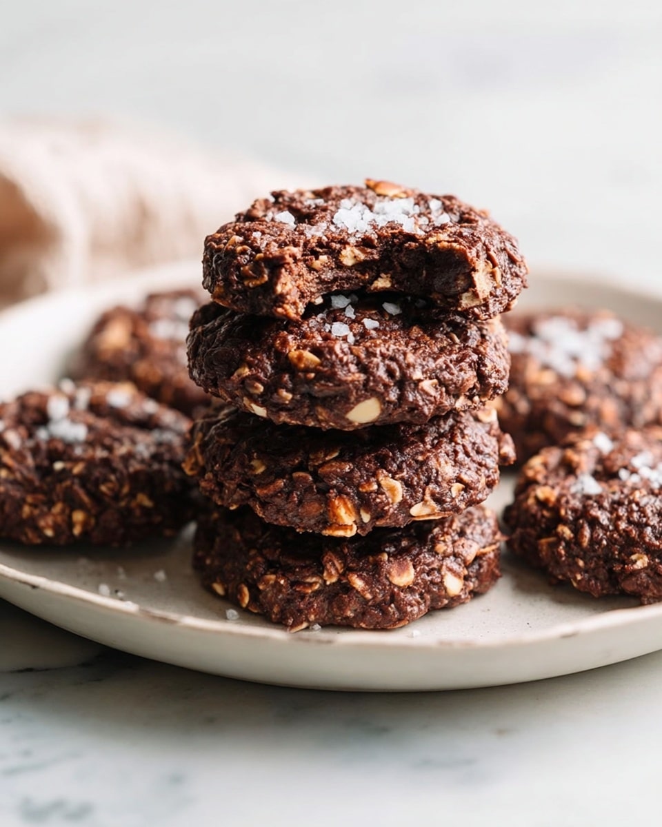 A stack of eight dark brown, round oat cookies with visible chunks of nuts and oats, some sprinkled with coarse salt on top, placed on a white plate with a soft texture. The cookies have a rough and chunky texture with one cookie on the top having a bite taken out, showing the chewy inside. The plate sits on a white marbled surface with a soft blurred background. photo taken with an iphone --ar 4:5 --v 7