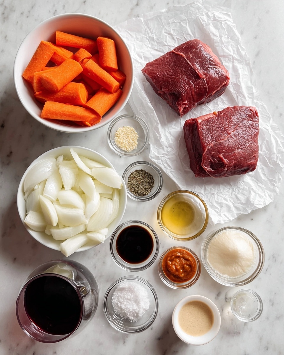 The image shows a top view of ingredients neatly arranged on a white marbled surface. In the center, two pieces of dark red raw meat rest on white crinkled paper. To the left of the meat, a white bowl holds several bright orange carrot pieces cut into thick sticks. Below, a white bowl contains sliced white onions. Surrounding the main items, small clear and white bowls hold various seasonings and sauces including minced garlic, dried herbs, salt, black pepper, dark brown liquid, light yellow liquid, a thick reddish paste, a white powdered substance, and a pale beige creamy sauce. At the bottom, part of a glass container with dark red wine or juice is visible. Everything is arranged carefully and brightly lit, photo taken with an iphone --ar 4:5 --v 7