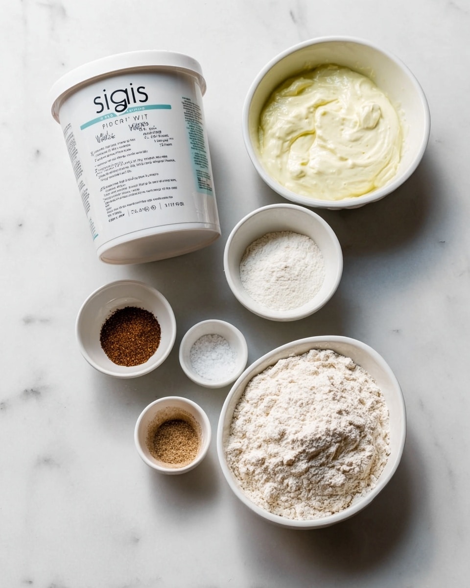 A white container of plain whole milk yogurt with black and teal text and images is placed on a white marbled surface. Below it are five white bowls arranged in a loose semicircle. The largest bowl at the bottom holds a light beige powdery flour. To the right of it, a smaller bowl contains a white powder. Above this, a tiny bowl has some salt. To the left of the salt is another small bowl filled with a medium brown granular spice. Above all the bowls is a medium-sized bowl filled with a pale yellow foamy liquid. The photo taken with an iphone --ar 4:5 --v 7