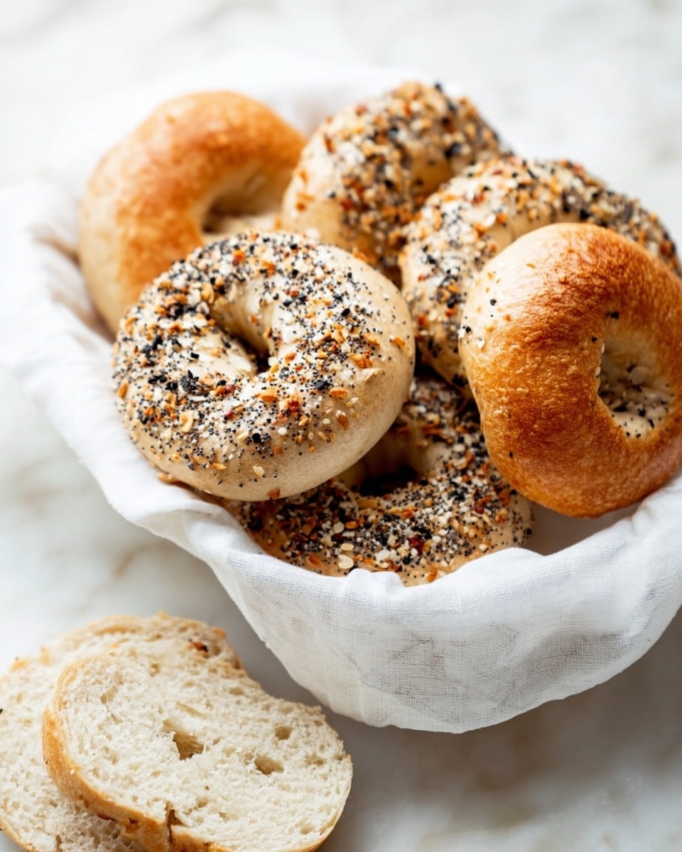 The image shows a white basket lined with a white cloth holding five bagels, with three bagels covered in a mixture of black and white sesame seeds, poppy seeds, and dried onion flakes on top, giving a speckled look with colors of black, white, and orange. The other two bagels are plain, with a golden brown crust that looks soft and slightly bumpy. One bagel is sliced in half and placed outside the basket on a white marbled surface, showing a light beige, slightly grainy inside texture. The whole scene is bright and clear, with soft natural light highlighting the texture and colors of the bagels photo taken with an iphone --ar 4:5 --v 7