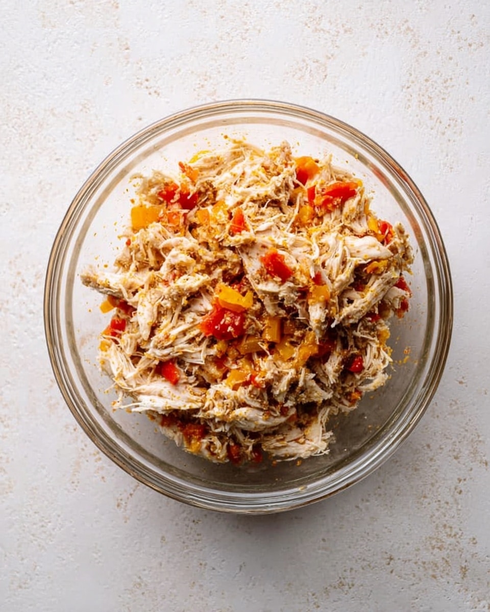 A clear glass bowl sits on a white marbled texture, filled with shredded white chicken mixed with small diced red and yellow bell peppers, and light brown seasoning evenly spread on top. The mixture shows a rough, textured look with a combination of soft chicken pieces and firm vegetables. The bowl has subtle reflections on the surface, highlighting its transparency. Photo taken with an iphone --ar 4:5 --v 7