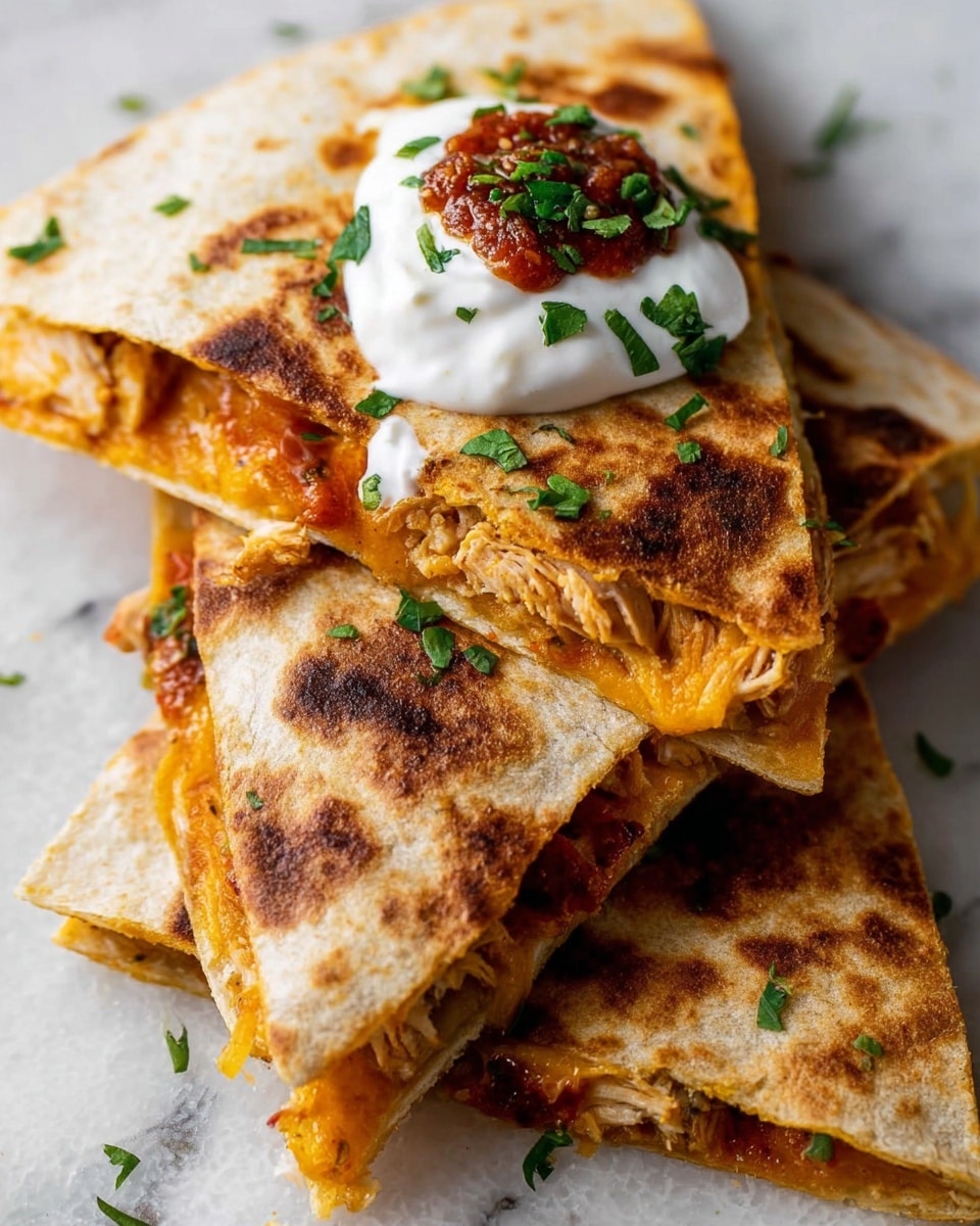 The image shows a stack of three triangular quesadilla pieces on a white marbled surface. Each piece has a golden-brown crispy tortilla with some darker spots from cooking. The top triangle has a layer of melted orange cheese and chicken inside, with a dollop of white sour cream topped by finely chopped green herbs and a spoonful of reddish-brown salsa. The middle and bottom triangles also show melted cheese slightly oozing out and some chicken filling. The quesadillas have a warm, toasted texture and are arranged slightly overlapping, with one piece showing a bite taken from the corner photo taken with an iphone --ar 4:5 --v 7