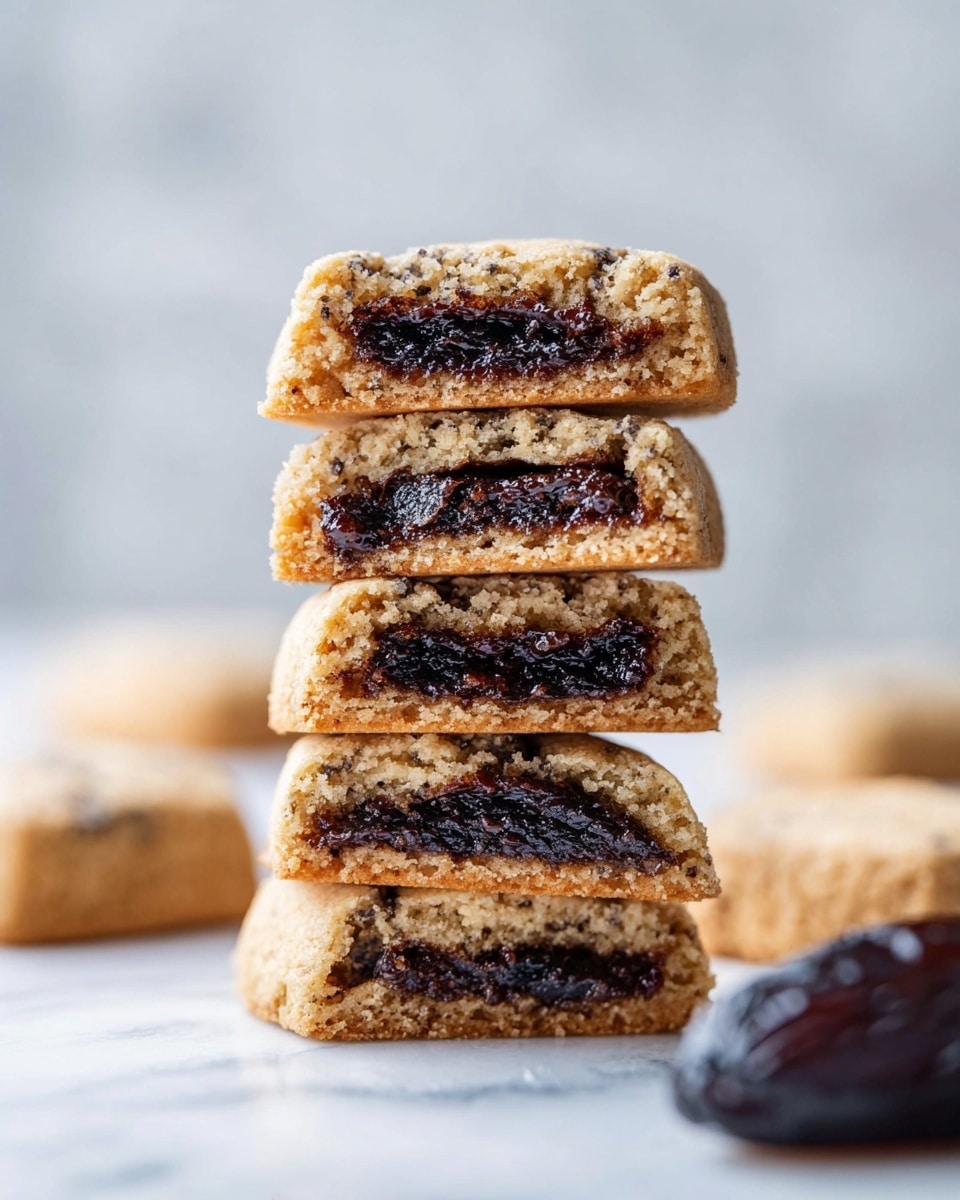 A stack of five rectangular cookies with a golden brown outer layer and a dark, dense fruit filling visible inside each one, showing a contrast of soft, crumbly texture outside and chewy, seed-speckled center. The cookies are stacked vertically on a white marbled texture surface with a blurred light background, giving a clean and simple look. Additional cookies and a dark dried fruit are slightly visible out of focus in the foreground and background, adding depth to the image. photo taken with an iphone --ar 4:5 --v 7