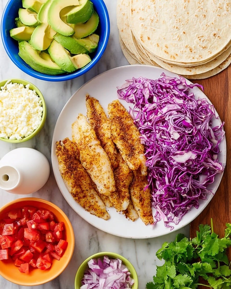 A white plate holds six golden brown seasoned fish fillets arranged side by side, with their edges slightly overlapping. Above the plate, a pile of shredded purple cabbage adds a bright contrast with its deep purple and white veins, spread loosely on the side. To the top left, a blue bowl contains thick slices of green avocado. Next to it, an orange bowl is filled with crumbly white cheese. A small bunch of fresh green cilantro sits between the shredded cabbage and a stack of round white tortillas on the right side. Near the tortillas, a light green bowl holds finely chopped red onions with white bits. At the bottom, a small white bowl is filled with red diced tomatoes. On the left side, lime wedges and a white squeeze bottle stand on the white marbled surface. The scene is bright and colorful, with all items placed neatly for assembling a meal. photo taken with an iphone --ar 4:5 --v 7