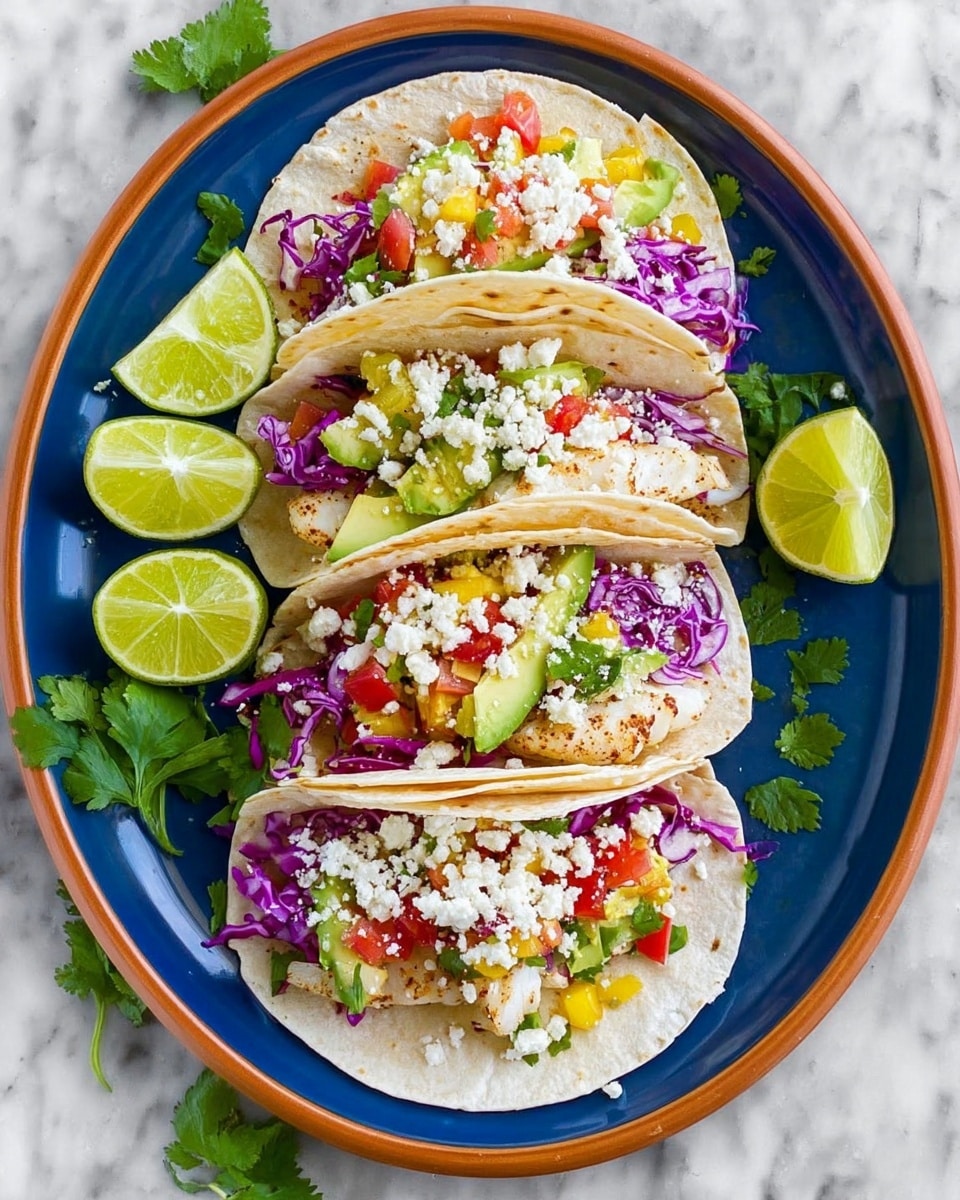 Four soft corn tortillas on a white plate, each folded and filled with layers of colorful ingredients. The bottom layer inside the tortilla is light grilled fish, topped with chopped red cabbage, small yellow-green avocado pieces, red tomato chunks, and white crumbly cheese. Fresh green cilantro leaves are scattered on top and around the tacos. On the left side of the plate, there are four lime wedges. The whole plate sits on a white marbled surface with two lime halves nearby. photo taken with an iphone --ar 4:5 --v 7