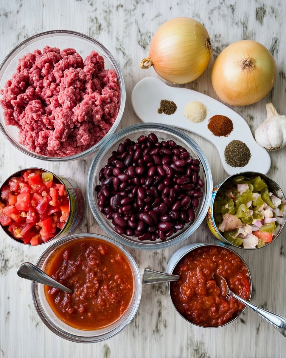 The image shows various ingredients arranged neatly on a white marbled surface. There are two clear glass bowls filled with dark red kidney beans and small black beans, placed side by side in the middle. To the left, there is a larger clear glass bowl filled with raw ground meat that has a pinkish-red color and coarse texture. Just behind this bowl, two whole yellow onions lay close together, with three garlic cloves near them. Above the bowls with beans, a small white plate holds several spices in small piles, with colors including brown, black, and green. On the right side, there are three open cans with visible contents; one has red diced tomatoes, another has plain red tomato sauce, and the last has a mix of diced vegetables in a light sauce. Two silver spoons rest inside the open cans. Photo taken with an iphone --ar 4:5 --v 7