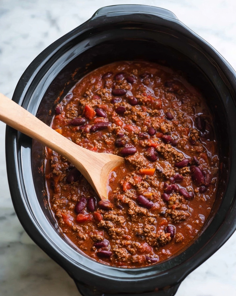 The image shows a black slow cooker filled with thick chili. The chili has two main layers: a chunky brownish-red meat layer mixed evenly with red kidney beans and black beans, and bits of tomato adding red and orange color throughout. A wooden spoon with a smooth texture lies inside the cooker, partially submerged in the chili, with the handle resting on the edge. The slow cooker sits on a white marbled surface. photo taken with an iphone --ar 4:5 --v 7