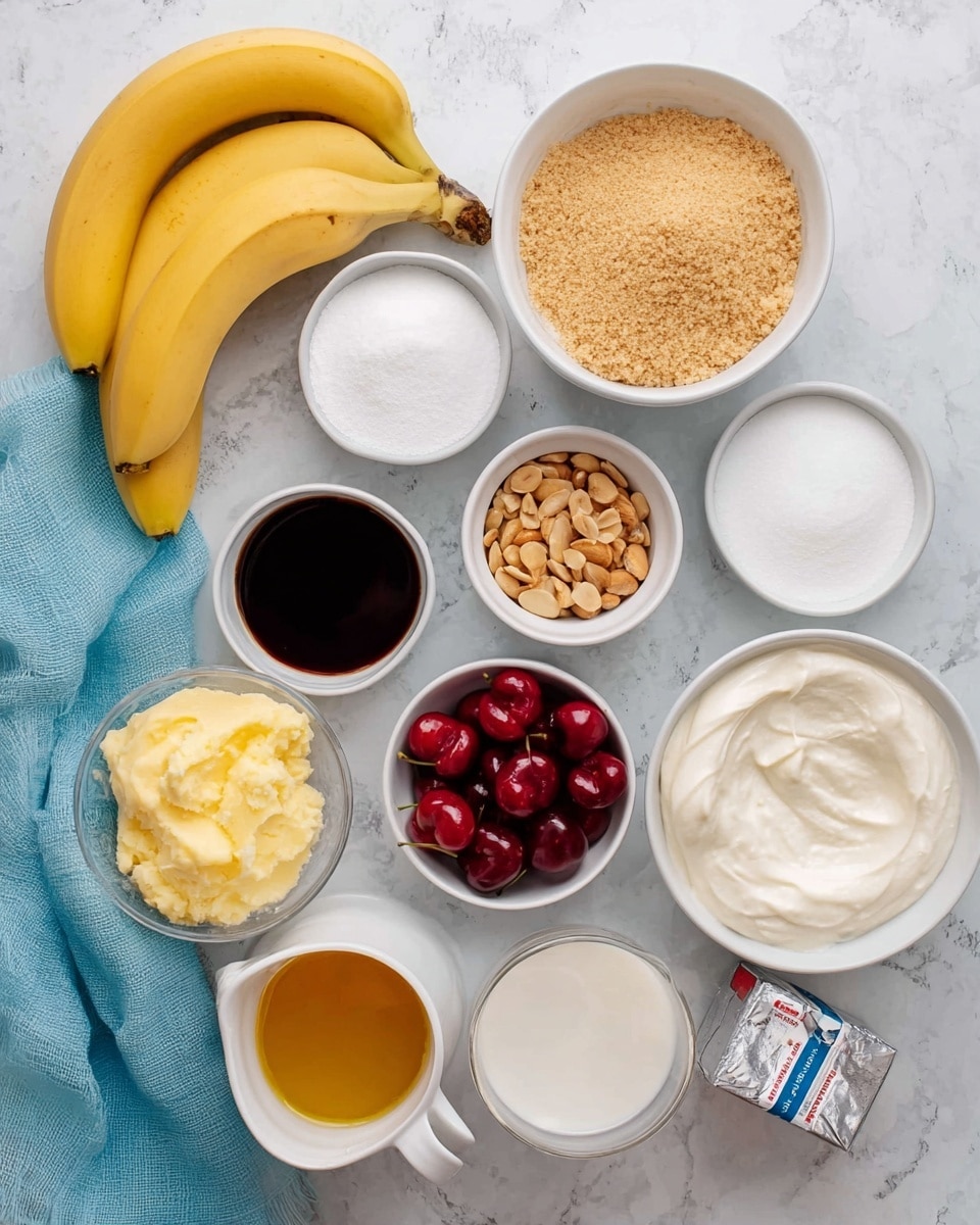 The image shows an overhead view of multiple white bowls and a small white pitcher placed on a white marbled surface, each containing different ingredients. Starting from the top are two ripe yellow bananas, below them a large white bowl filled with a light brown crumbly mix, and several smaller bowls with white sugar, powdered sugar, and a dark liquid. To the right side, two large white bowls contain smooth white creamy substances, while below them small white bowls hold cracked peanuts and bright red cherries. Near the bottom left is a white bowl with a yellowish mashed mixture next to a small sealed silver foil block, a clear measuring cup with melted yellow butter, and a white pitcher holding a thick dark syrup. A light blue cloth is partially visible along the bottom left edge. photo taken with an iphone --ar 4:5 --v 7