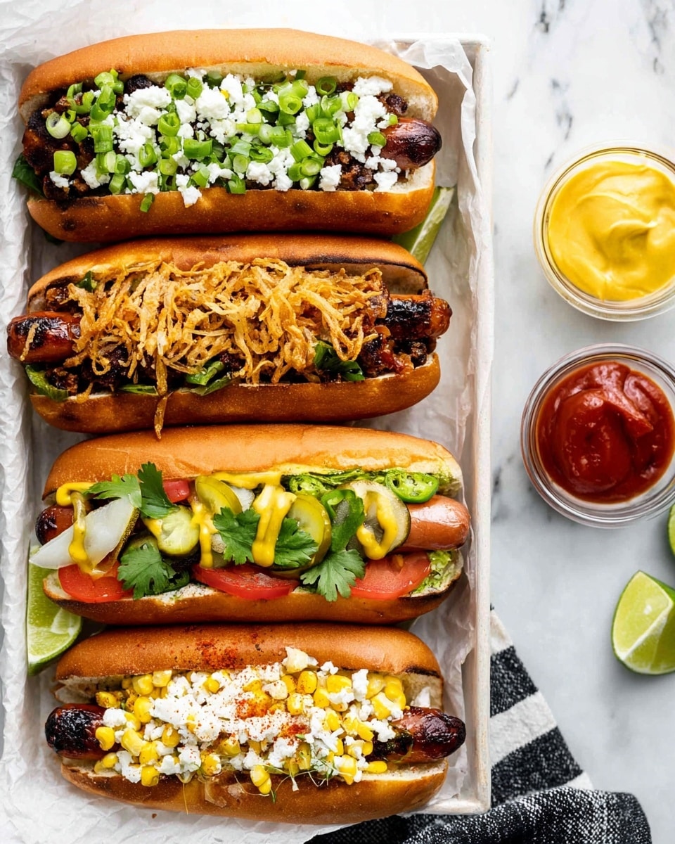 Four hot dogs are placed vertically inside a white tray lined with parchment paper, all on a white marbled surface. The top hot dog has a golden brown bun filled with dark brown sausage, topped with white cottage cheese and bright green chopped spring onions. The second hot dog below has a similar bun, dark sausage, topped with shredded yellow cheddar cheese, crispy brown fried onions, and green chopped spring onions. The third hot dog is filled with a dark sausage smothered with yellow mustard, bright green pickle slices, white chopped onions, and red tomato slices. The fourth hot dog at the bottom has a browned sausage in a golden brown bun topped with white grated cheese, small yellow grilled corn pieces, fresh green coriander leaves, a slice of green lime, and a sprinkle of red chili powder. Two small glass bowls containing yellow mustard and red sauce sit to the right of the tray, and a black and white striped cloth is partially visible on the white marbled surface beside the tray. photo taken with an iphone --ar 4:5 --v 7