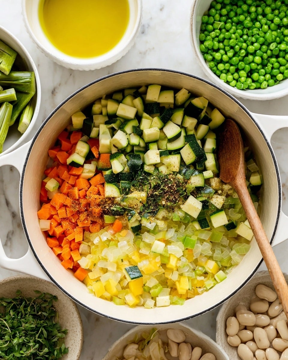 A white pot filled with a colorful mix of chopped vegetables showing multiple layers: at the bottom, diced orange carrots, pale celery, and translucent onions, followed by bright yellow vegetables, with a top layer of fresh chopped green zucchini cubes sprinkled with salt, black pepper, and dried herbs; a wooden spoon rests inside the pot. Around the pot, there are white bowls containing green leafy vegetables, green asparagus pieces, light yellowish liquid, bright green peas, and large white beans, all placed on a white marbled surface. photo taken with an iphone --ar 4:5 --v 7