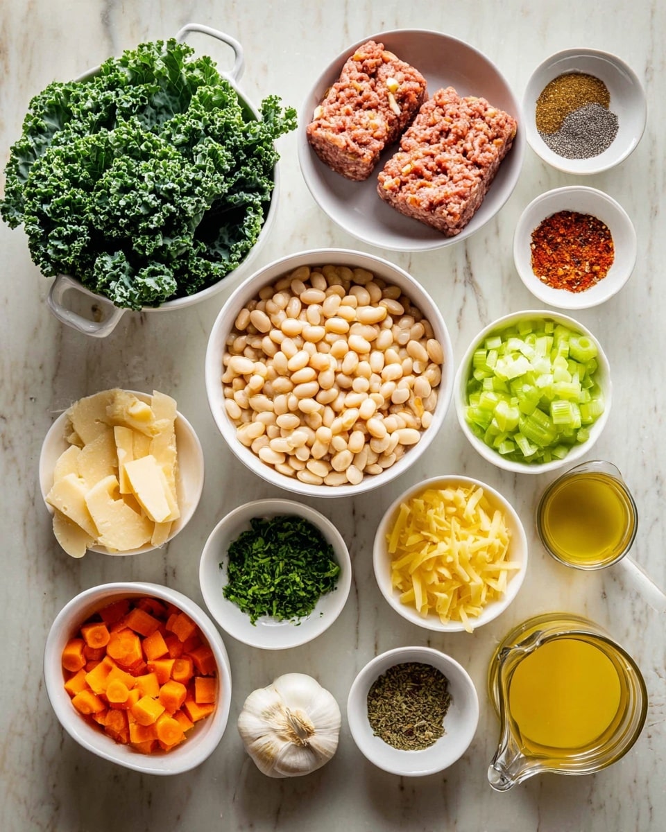The image shows many white bowls and small dishes with different ingredients on a white marbled surface. There is one large white bowl filled with cooked white beans in the center. Above it is another large white bowl with two rectangular blocks of raw ground meat. To the top left is a white colander filled with fresh green kale leaves. Around these bowls are smaller white bowls and dishes holding chopped carrots, celery, and onions, minced garlic, chopped parsley, grated cheese, olive oil, yellow broth in a glass pitcher, black pepper, salt, chili flakes, and a small wedge of hard cheese. Everything is neatly arranged and looks fresh. Photo taken with an iphone --ar 4:5 --v 7