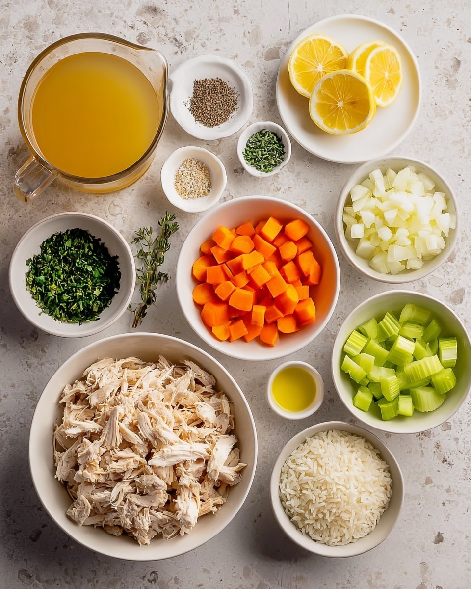 The image shows several white bowls and plates arranged on a white marbled surface with different ingredients for cooking. There is one large white bowl at the bottom left filled with shredded chicken. To the right, two medium white bowls hold diced orange carrots and chopped light green celery. Above them, a larger white bowl contains chopped white onions. Next to it, a small white bowl holds chopped green herbs, and another small white bowl has minced garlic. On the right side, a small white bowl contains light yellow olive oil. Near the center, a small white bowl holds raw white rice. Above, a white plate displays lemon wedges with green herbs. To the far left, a white small plate contains black pepper and salt. There is also a clear jug filled with golden-yellow chicken broth in the top left corner. All items are neatly placed, showing fresh and colorful ingredients used for cooking. Photo taken with an iphone --ar 4:5 --v 7
