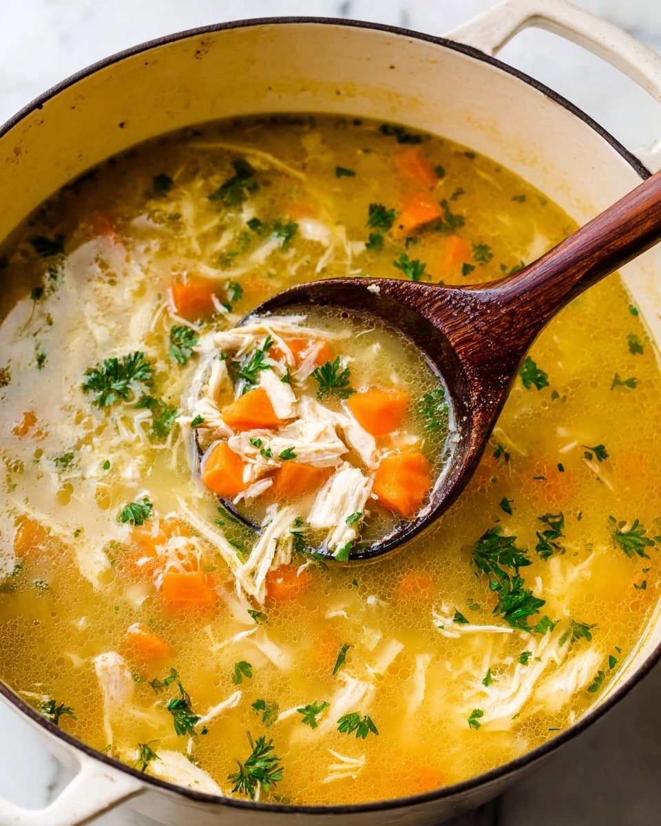 A close-up view of a white cooking pot filled with chicken soup, showing three main layers: the base layer is a light yellow broth with a slightly oily texture, the middle layer contains small pieces of shredded white chicken scattered throughout, and the top layer features bright orange carrot cubes and fresh green parsley sprinkled on top. A dark wooden spoon rests inside the pot, lifting a portion of soup that clearly shows all the layers together in the ladle, with the soup's surface reflecting light. The pot sits on a white marbled surface. Photo taken with an iphone --ar 4:5 --v 7