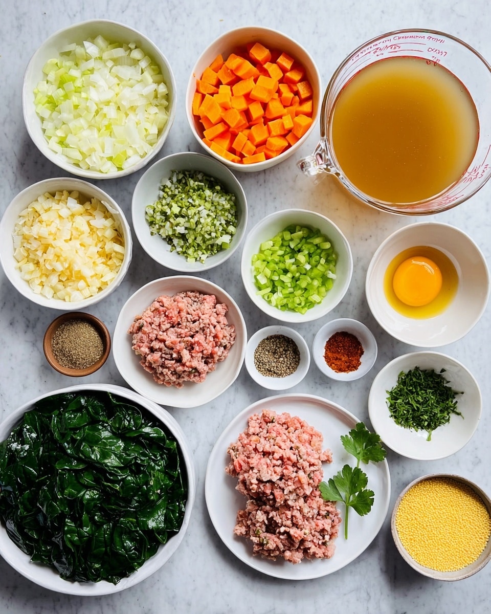 This image shows many small white bowls and dishes arranged on a white marbled surface, each holding different food ingredients. There are chopped onions with a pale yellow color in one bowl, diced orange carrots in another, and bright green chopped celery in a third bowl. A larger bowl is full of dark green leafy spinach. Next to these is a clear measuring cup filled with golden brown broth. On one white plate, there are two types of ground meat: a light pinkish tan on the top half and a deeper red below. Smaller white dishes contain minced garlic, chopped parsley with a vibrant green color, yellow oil, yellow couscous, and an egg in a small brown dish. There are also tiny bowls with various dried spices and seasonings like red flakes and ground black pepper. The entire setup is neat and colorful, highlighting the fresh and raw ingredients. Photo taken with an iphone --ar 4:5 --v 7