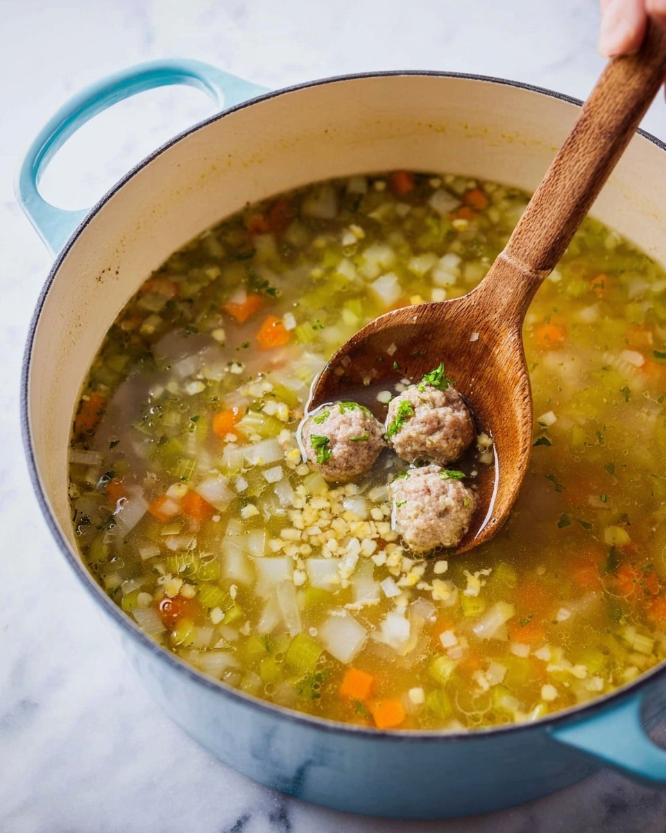 A close-up view of a light blue pot filled with clear broth soup containing tiny diced vegetables like onions, carrots, and celery in light orange, white, and pale green colors floating evenly in the liquid. Two small brown meatballs with green herbs are visible near the wooden spoon, which holds more small diced vegetables and grains in warm yellow and orange hues. The pot sits on a white marbled surface, with a woman's hand holding the wooden spoon in the top right corner. The image gives a fresh, warm feeling of homemade soup cooking. photo taken with an iphone --ar 4:5 --v 7