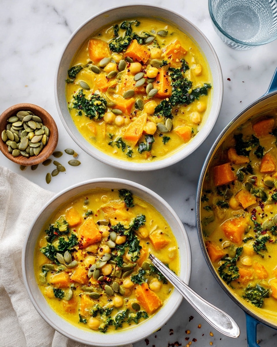 Two white bowls filled with thick yellow curry soup containing visible layers of orange sweet potato chunks, pale chickpeas, and dark green kale leaves, topped with green pumpkin seeds and scattered black pepper flakes, one bowl has a silver spoon inside. Next to the bowls is a small wooden dish filled with green pumpkin seeds and a clear ribbed glass of water. Part of a blue pot filled with the same soup is visible at the bottom right, all set on a white marbled surface with some scattered chili flakes and soft white cloth underneath. photo taken with an iphone --ar 4:5 --v 7