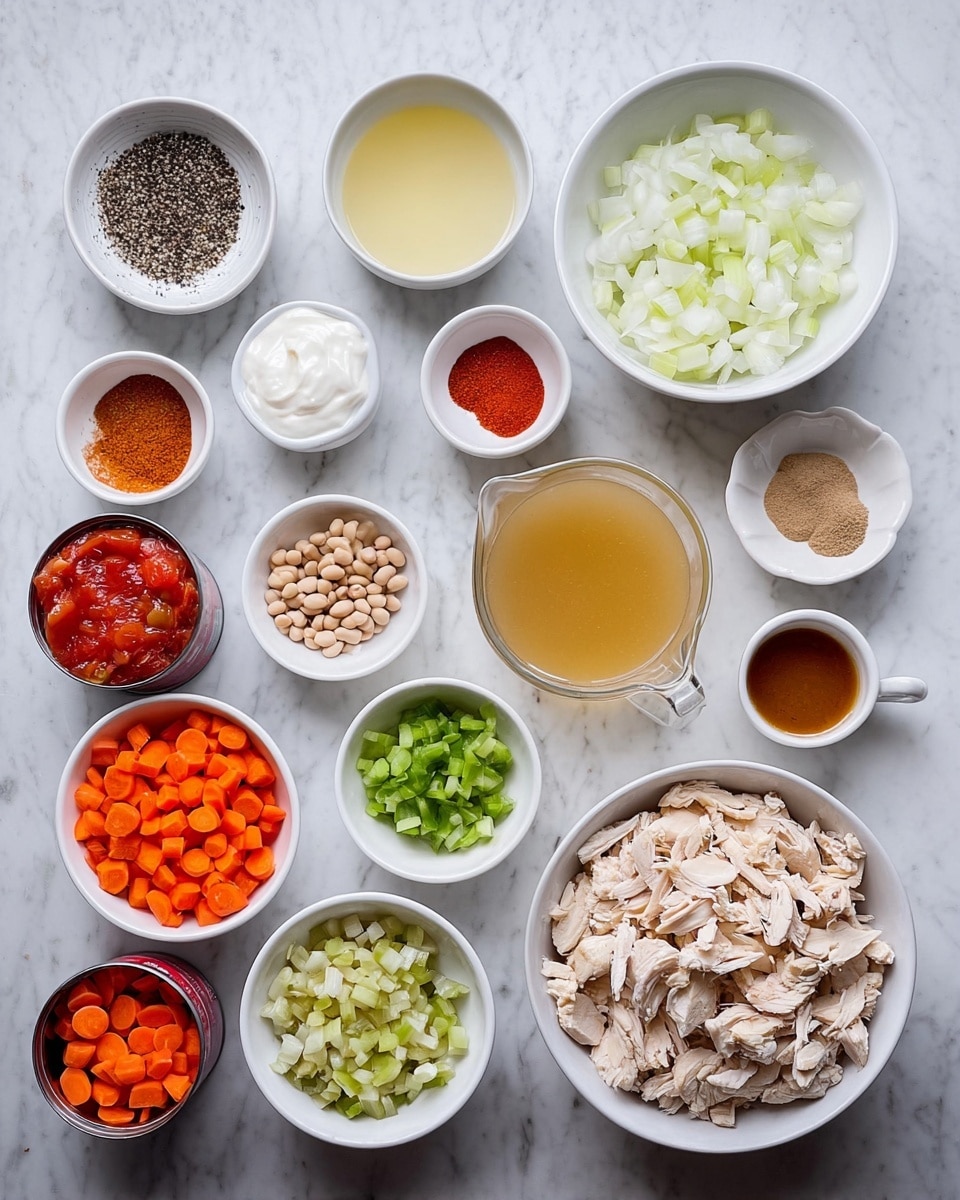 The image shows many white bowls and cups arranged neatly on a white marbled surface. Starting from the top left, there is a small white bowl with black pepper, a white bowl with light yellow liquid, a white dish with minced garlic, a bowl with white sour cream, a small dish with brown spice, another small dish with red spice, and a small dish with brown cumin powder. On the right side, there is a white bowl with chopped white onions and a small white measuring cup with brown sauce. Below, a clear glass measuring cup is filled with light yellow broth. In the bottom row from left to right, there is a small white bowl with chopped green herbs, a white bowl with diced celery, a white bowl with shredded pale beige chicken pieces, a white bowl with beige beans, and a white bowl with chopped orange carrots. There are also two open cans filled with diced tomatoes near the bottom left. photo taken with an iphone --ar 4:5 --v 7