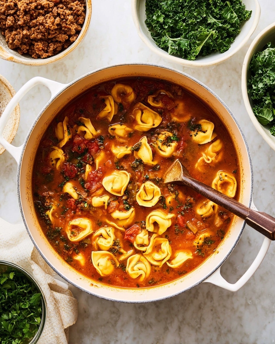 A white pot filled with a warm soup showing many yellow tortellini floating in a rich tomato broth with visible small red tomato pieces and herbs. A wooden spoon with a dark tip rests inside the pot, partially submerged in the soup. Surrounding the pot are three white bowls: one with chopped green kale on the top right, one with chopped fresh herbs lower left, and one at the top left with cooked ground meat on a paper towel. The entire setting sits on a white marbled surface photo taken with an iphone --ar 4:5 --v 7