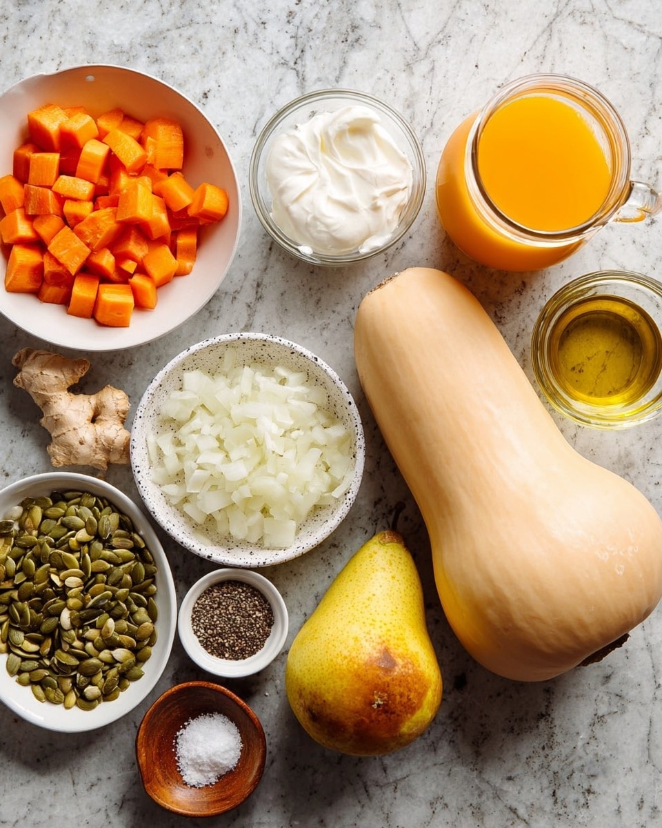 The image shows an arrangement of fresh ingredients on a white marbled surface. At the center lies a smooth, beige butternut squash and a yellow pear with slight brown marks. To the left, a white bowl holds small diced orange carrots on the top and chopped white onions at the bottom. Above the squash, a small clear bowl contains thick white cream, and near it is a speckled white bowl filled with green pumpkin seeds. On the right side, a glass jug is filled with bright orange juice, and next to it, two small white bowls hold minced garlic and fresh ginger. A small brown wooden bowl contains mixed black pepper and white salt, while beside it, a clear glass of golden oil stands tall. The neat layout and colors emphasize freshness and variety in the ingredients. photo taken with an iphone --ar 4:5 --v 7
