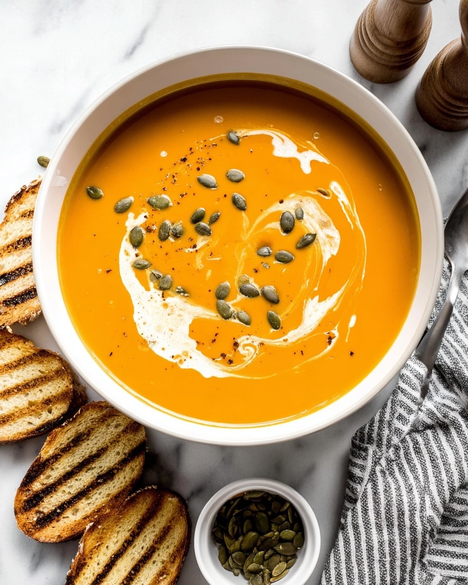 A white bowl holds two layers: the first is smooth, bright orange soup filling most of the bowl, and on top is a swirl of white cream with scattered green pumpkin seeds. Around the bowl on a white marbled surface are grilled toasted bread slices with brown grill marks, a small white bowl filled with pumpkin seeds, and a gray and white striped cloth partially visible on the right side. Two wooden salt and pepper shakers stand at the top of the image. Photo taken with an iphone --ar 4:5 --v 7