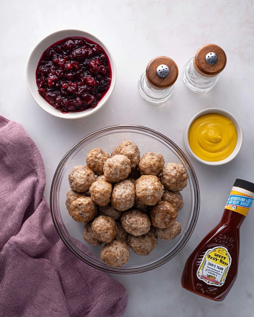 A clear glass bowl filled with about 25 light brown meatballs with a slightly rough texture, placed on a white marbled surface. Above the bowl is a small white bowl filled with dark red chunky cranberry sauce. To the right, a small glass container holds a bright yellow mustard-like sauce. Next to it are two glass salt and pepper shakers with dark wooden tops. At the bottom right corner, a bottle of Sweet Baby Ray's barbecue sauce with a white label and blue and red text leans slightly on the surface. A soft purple cloth is casually folded on the left side of the image. Photo taken with an iphone --ar 4:5 --v 7
