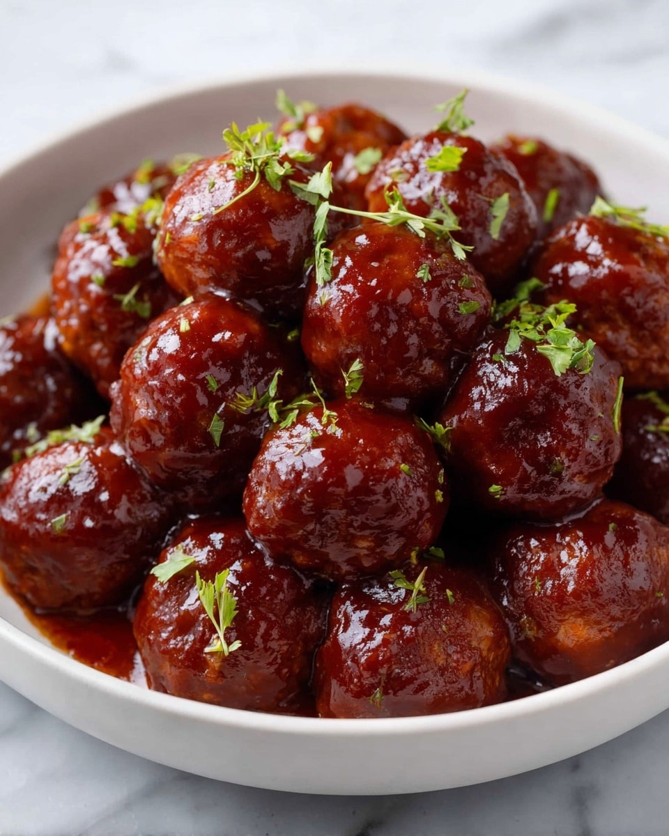 A white bowl filled with around twenty small, round meatballs, each covered in a shiny dark reddish-brown sauce that looks thick and smooth. The meatballs are stacked closely together, with some overlapping, and small fresh green herb pieces sprinkled on top, adding a fresh contrast. The bowl sits on a surface with a white marbled texture. photo taken with an iphone --ar 4:5 --v 7