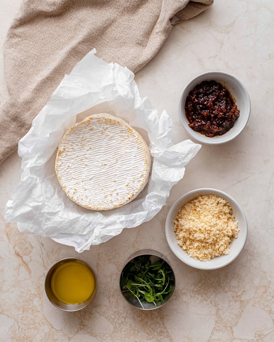A round wheel of soft white cheese with a slightly browned top is partially wrapped in crinkled white parchment paper placed on a white marbled surface. To its right is a small white bowl filled with a dark reddish-brown paste that looks thick and textured. Below that, there is another small white bowl holding light golden crushed crumbs, coarse and uneven in texture. Below and slightly to the left of the cheese is a small metal cup with a yellow melted butter liquid inside, and next to it, a small metal cup with fresh green herbs, delicate and leafy. A beige cloth is casually folded on the upper left corner of the white marbled surface. Photo taken with an iphone --ar 4:5 --v 7