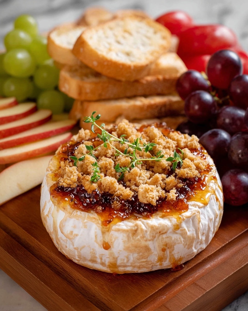 A round cheese wheel with a white rind base sits in the center, topped with a layer of dark amber jam and a crumbly light golden topping scattered unevenly, with small green herb sprigs on top. Behind it is a stack of six light tan, thinly sliced toasted bread pieces leaning on each other. To the right, there are sections of red-skinned apple slices arranged in a fan shape. Surrounding the cheese and breads are bunches of green, red, and black grapes with a smooth surface. The items are all placed on a wooden board with a white marbled textured surface underneath photo taken with an iphone --ar 4:5 --v 7