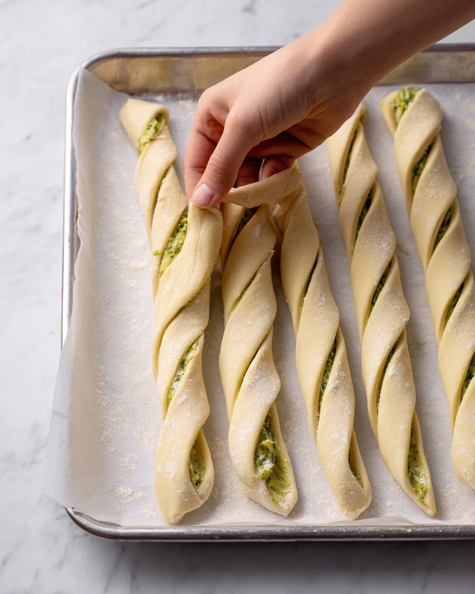 A hand is twisting strips of light beige dough layered with a thin green spread, placed on a silver baking tray lined with white parchment paper. The dough is cut into long strips, each twisted to show the green layer inside, arranged side by side on a white marbled surface. The texture of the dough looks soft and smooth with a few flour specks. photo taken with an iphone --ar 4:5 --v 7