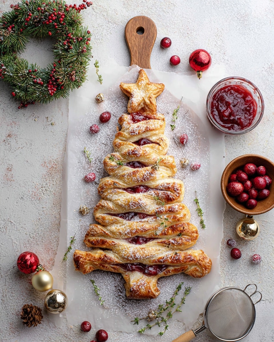 A golden-brown pastry shaped like a Christmas tree sits on white parchment paper on a wooden board with a handle on top. The tree has several layers of twisted branches filled with red jam visible between the flaky, shiny dough. A star-shaped pastry tops the tree. The whole pastry is lightly dusted with white powdered sugar, and fresh whole and sliced red cranberries scatter on and around it. Small green thyme sprigs add color on the tree and surface. Nearby are red and gold Christmas ball ornaments, a bowl of red jam, a wooden bowl of fresh cranberries, a pinecone, and a green wreath on a white marbled texture. A metal sifter rests on the parchment paper next to the pastry. photo taken with an iphone --ar 4:5 --v 7