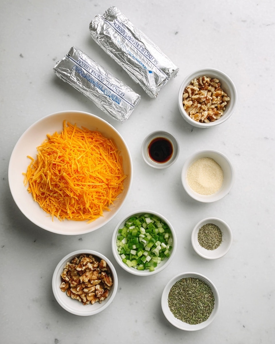 The image shows several small white bowls and items neatly arranged on a white marbled surface. There is a large white bowl filled with bright orange shredded cheese on the left side. Above the bowl, there are two silver wrapped butter packs. Below are three smaller white bowls with different ingredients: one with chopped green onions, one with finely chopped nuts that are brown and cream in color, and one with a dark liquid. Nearby, there are three small round bowls containing light beige powder, coarse salt, and two types of dried green herbs. The setup looks clean and organized, ready for cooking or baking. photo taken with an iphone --ar 4:5 --v 7