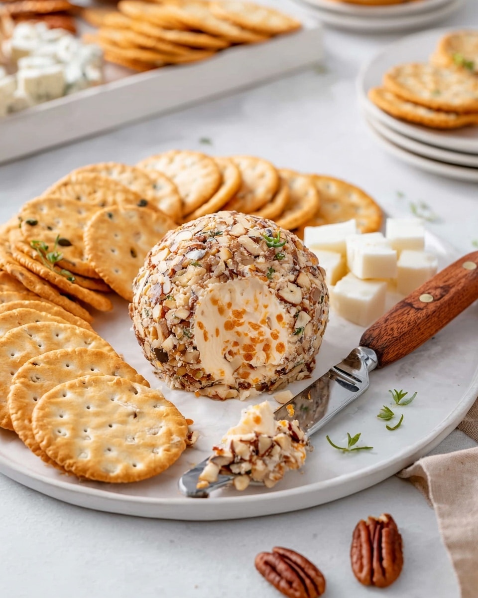 A white plate sits on a white marbled surface filled with a round cheese ball covered in chopped nuts, showing a mix of orange and white cheese inside. A small knife with a wooden handle is stuck in the cheese ball. Around it are golden round crackers; some plain, some with cheese spread on them. There are also small white cheese cubes and whole pecans placed near the crackers. In the background, another white plate and a white tray hold more crackers and cheese balls. photo taken with an iphone --ar 4:5 --v 7