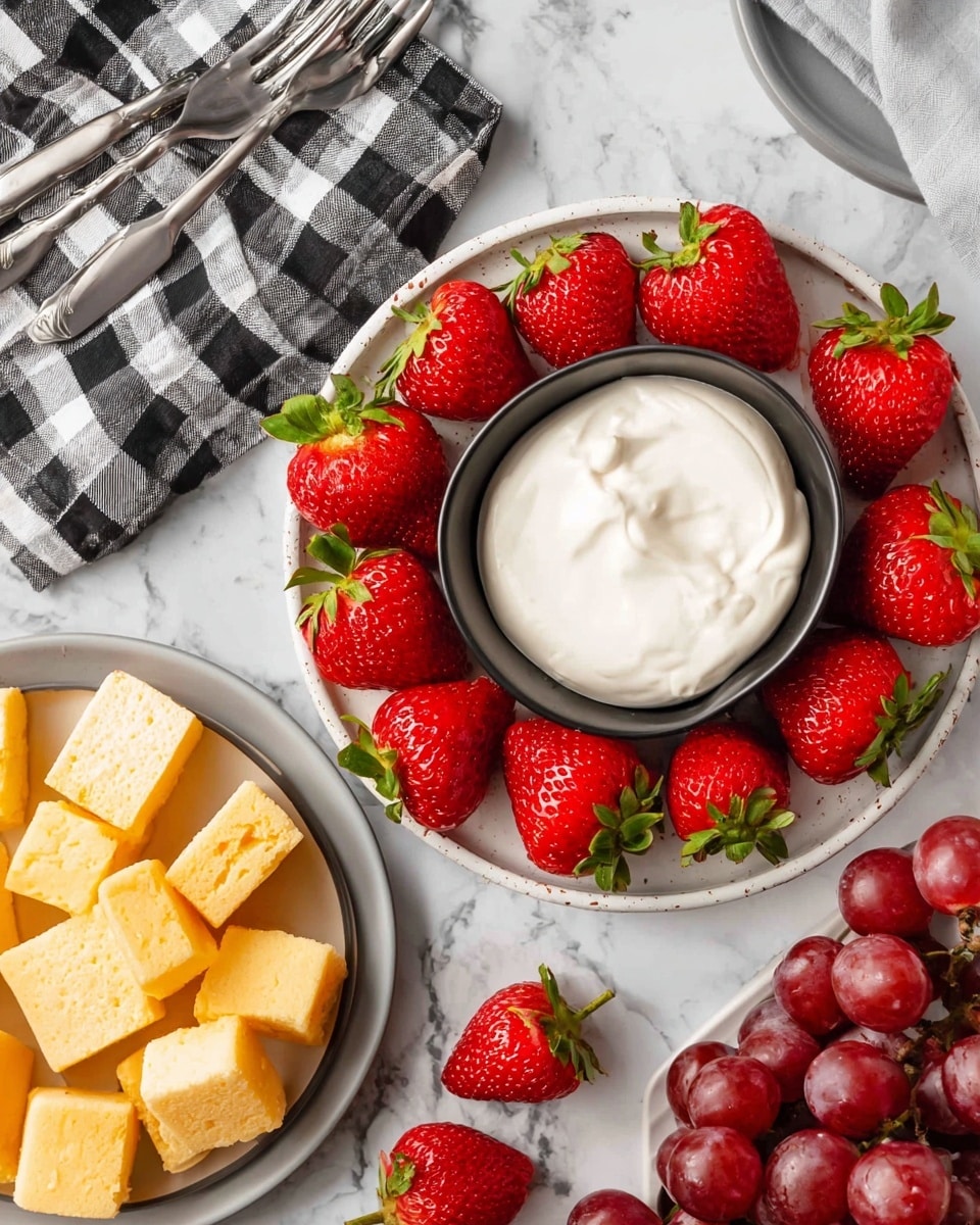 The image shows a white marbled surface with three plates. The top plate is a white plate holding a smaller black bowl filled with smooth, creamy white dip in the center, surrounded by bright red strawberries with green tops evenly spaced around the bowl. Below this arrangement, a plate on the left contains small, square golden-yellow cake pieces with a soft texture. The plate on the right has a bunch of shiny red grapes, with a small bunch of grapes resting on the marbled surface between the plates. A black and white checkered cloth with silver forks is visible near the top left corner. photo taken with an iphone --ar 4:5 --v 7