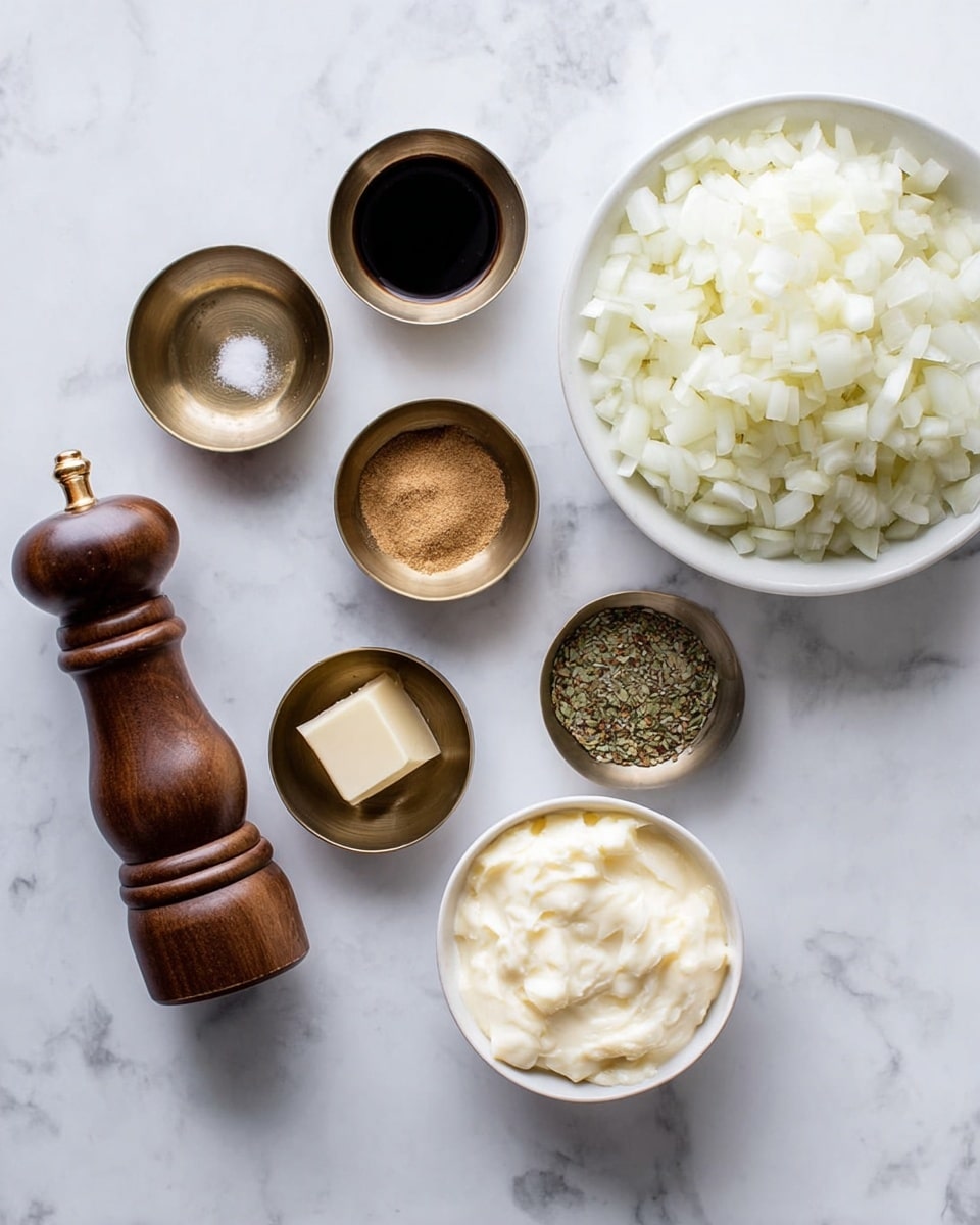 The image shows several small round metal bowls on a white marbled surface, each containing different ingredients: one bowl has a dark liquid, another has a light brown powder, another has small greenish seeds, and one holds a small piece of pale butter. There is a white bowl filled with a large pile of small, pale, diced pieces that look like onions. Two other white bowls have creamy textures; one looks thicker and light beige, while the other is whiter and smoother. A wooden pepper grinder is also placed near the bowls. The setup looks clean and organized, ready for cooking. photo taken with an iphone --ar 4:5 --v 7