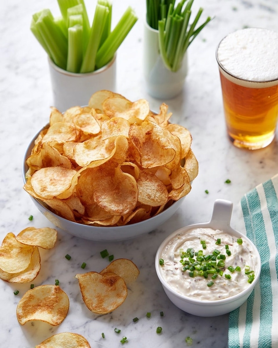 The image shows a white round bowl filled with light golden, crispy potato chips piled high with some chips scattered around the bowl on a white marbled surface. Next to it is a small white bowl with a handle, filled with a creamy white dip that has small bits of brown mixed in, topped with green chopped chives. Behind these, there is a white cup holding green celery sticks standing upright. To the right, a glass filled with golden amber beer with a frothy white head sits next to a green and white striped cloth napkin. Photo taken with an iphone --ar 4:5 --v 7